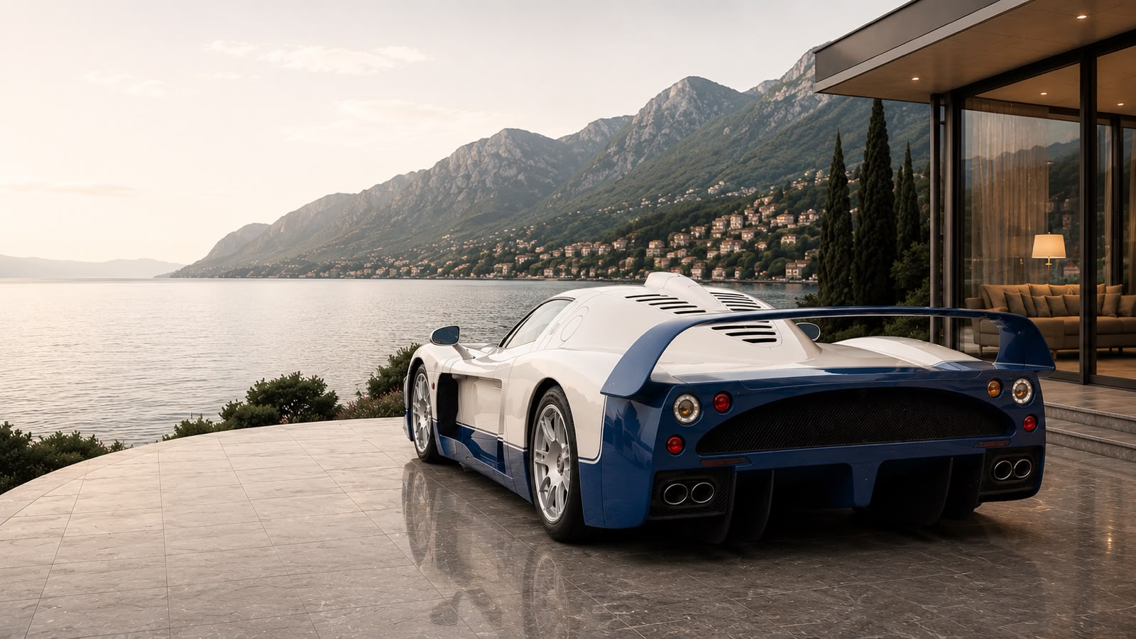 Maserati on a marble terrace overlooking the water