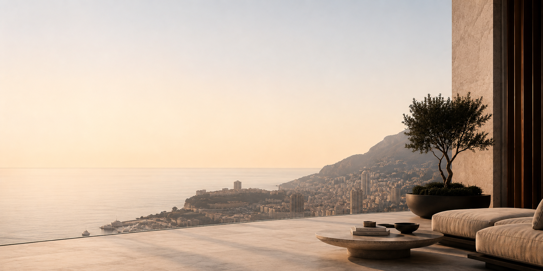 Private terrace overlooking a coastal city at dusk