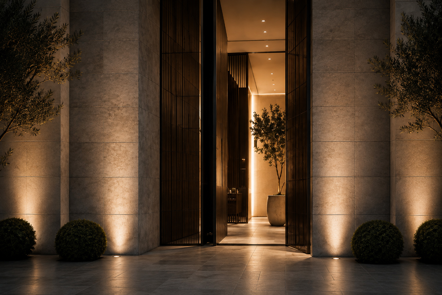 An illuminated private residence entrance